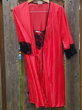 80s Vintage Avon Lingere Sleep Set Women's Size Medium Black Lace Red Stripe